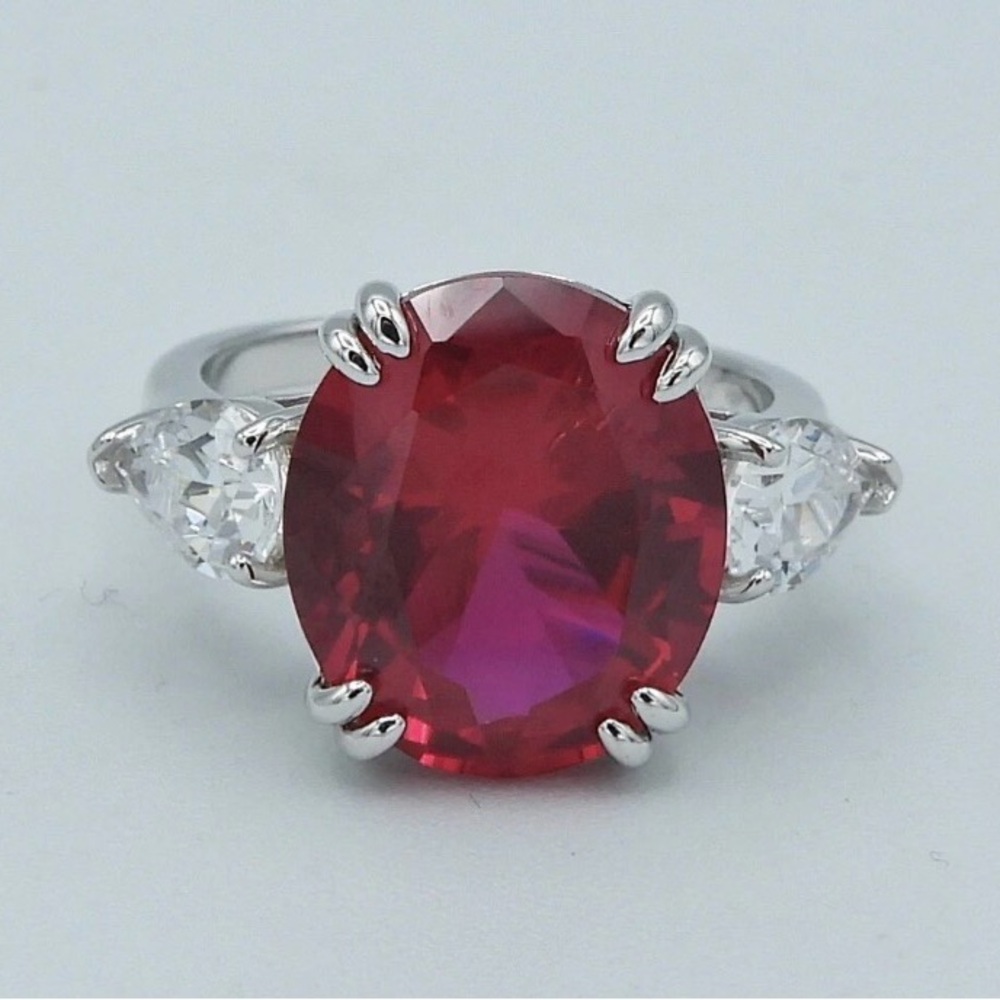 Anna Zukerman 925 Silver/Platinum Plated - Cubic Zirconia Clear Red Crystal Ring